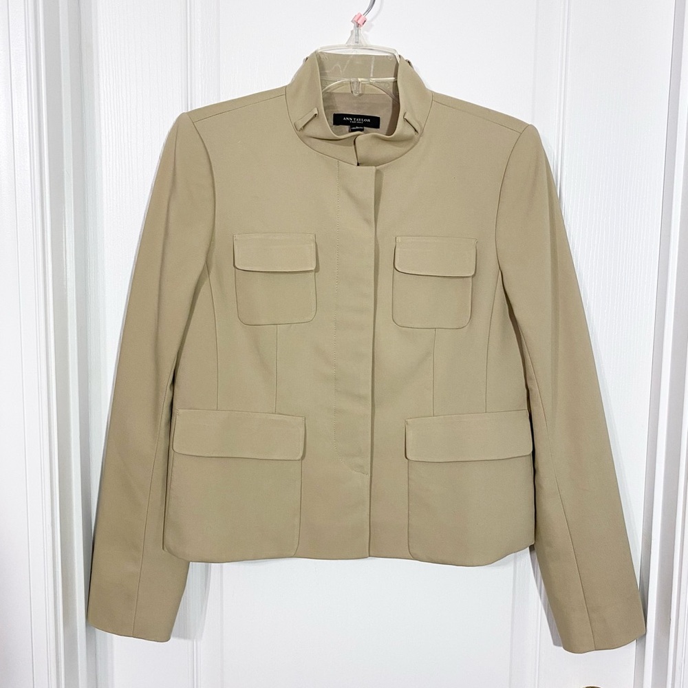 Ann Taylor Utility Blazer Jacket Khaki Cotton Blend Size 4